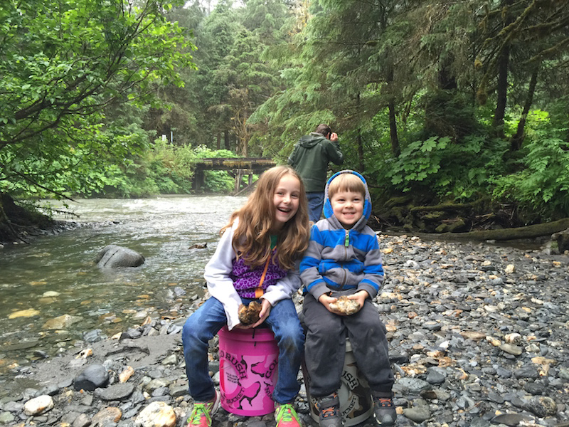 Kids with gold rush nugget bucket